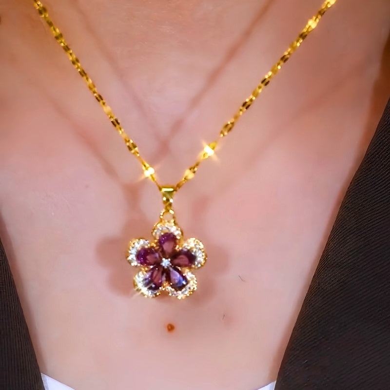 14K Gold-Plated Luxury Purple Crystal Flower Necklaces