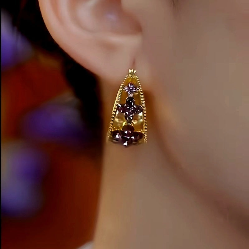 14K Gold-Plated Luxury Purple Full Diamond Geometric Earrings