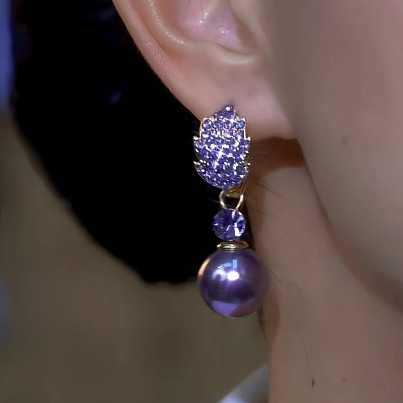14K Gold-Plated Luxury Purple Full Diamond Leaf Pearl Earrings