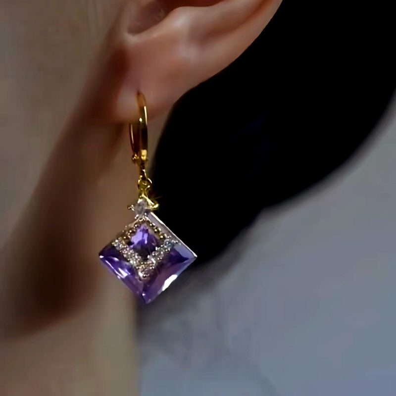 14K Gold-Plated Luxury Purple Geometric Diamond Crystal Earrings