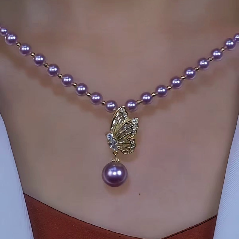 14K Gold-Plated Luxury Purple Pearl Diamond Butterfly Necklace