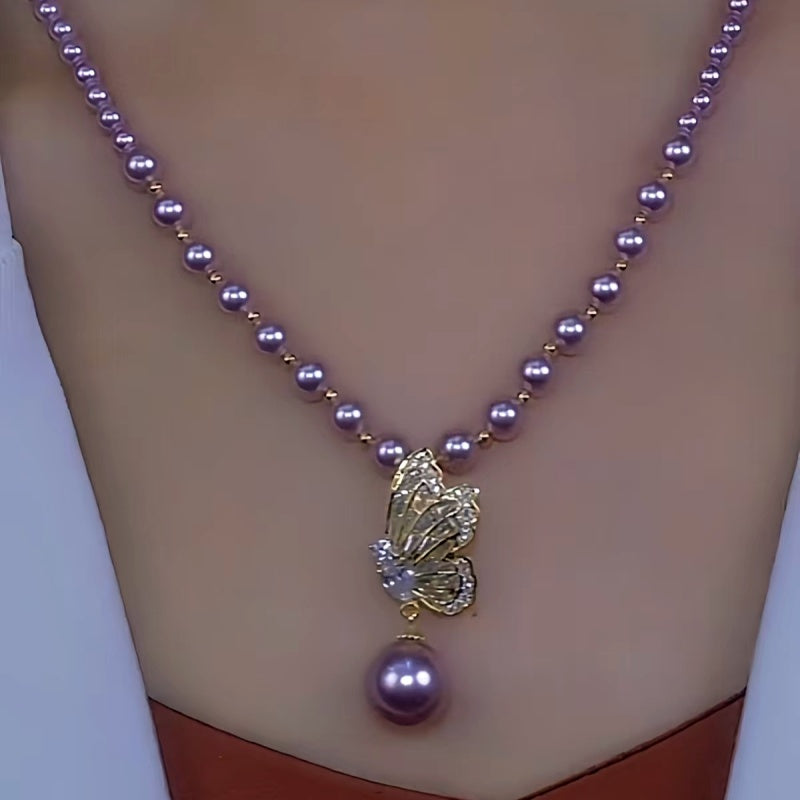 14K Gold-Plated Luxury Purple Pearl Diamond Butterfly Necklace