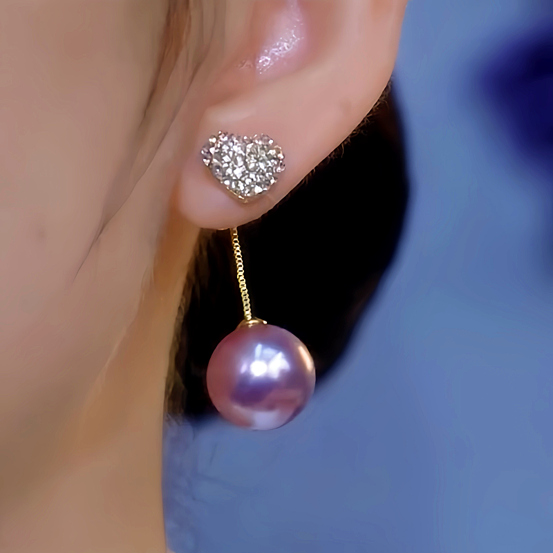 14K Gold-Plated Luxury Purple Pearl Diamond Heart Earrings