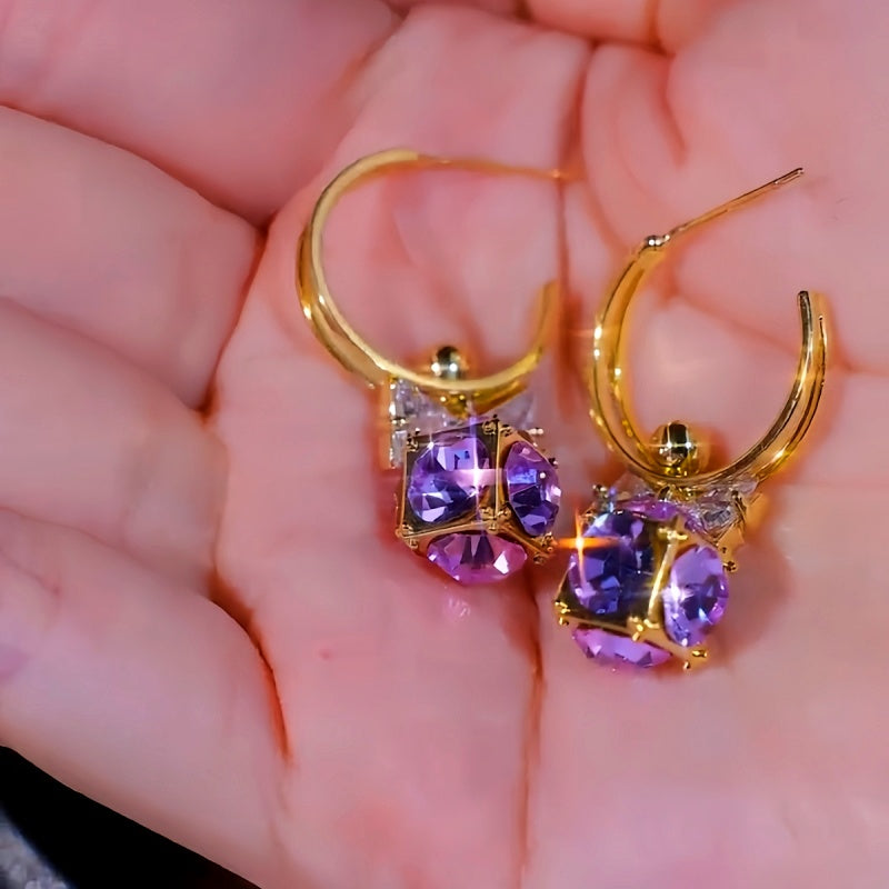 14K Gold-Plated Luxury Purple Zircon Diamond Ball Earrings