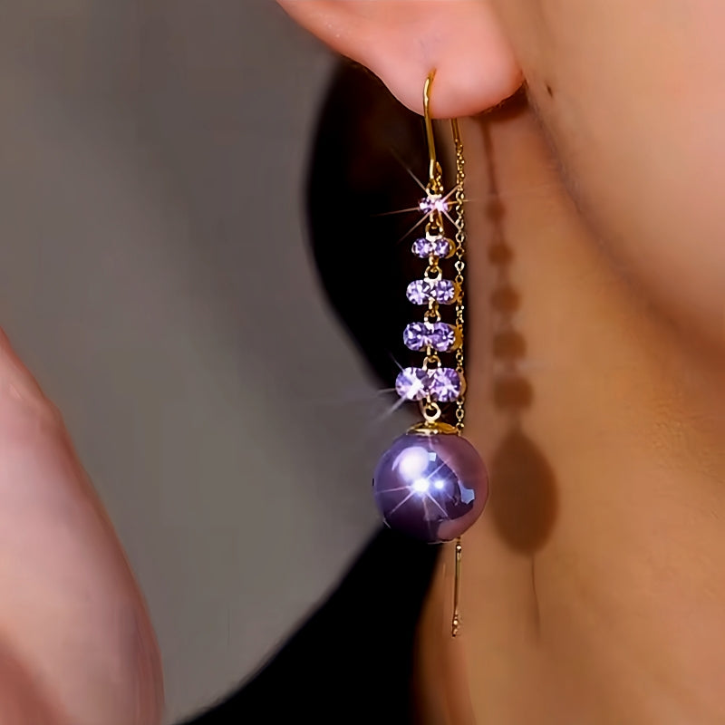 14K Gold-Plated Luxury Purple Zircon Pearl Threader Tassel Earrings