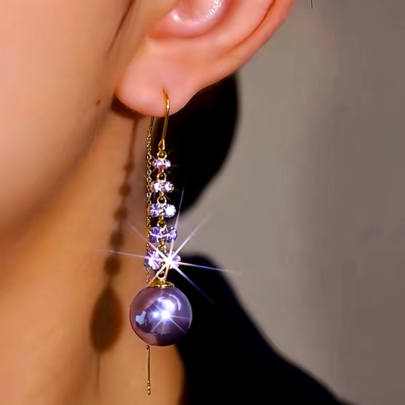 14K Gold-Plated Luxury Purple Zircon Pearl Threader Tassel Earrings