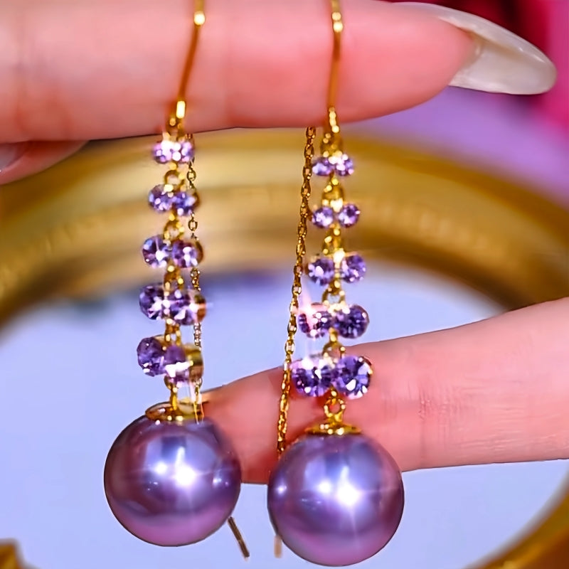 14K Gold-Plated Luxury Purple Zircon Pearl Threader Tassel Earrings