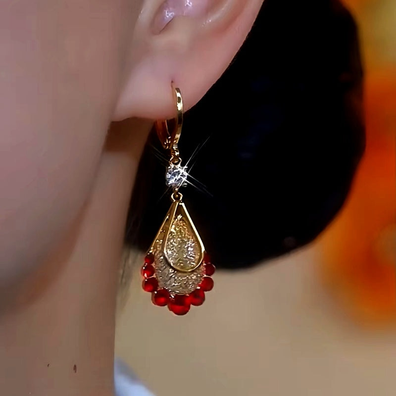 14K Gold-Plated Luxury Red Diamond Mesh Water Drop Earrings