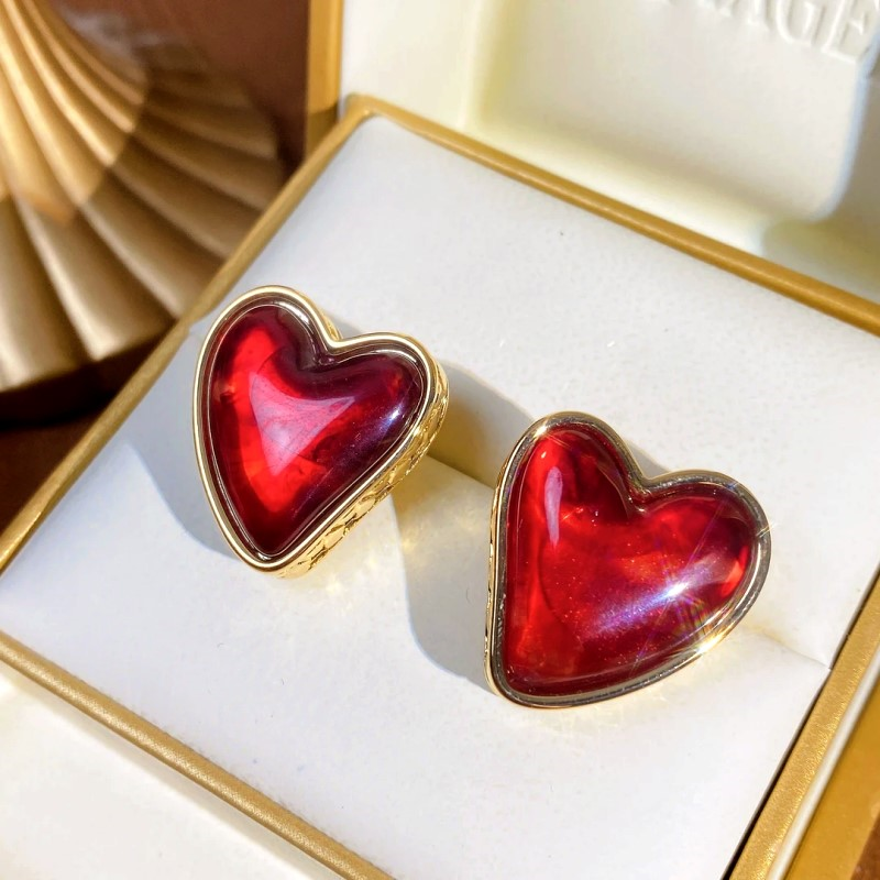 14K Gold-Plated Luxury Red Heart Stud Earrings