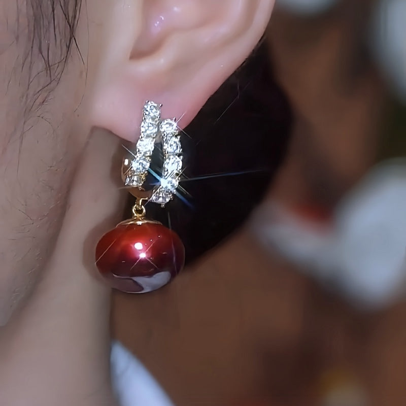 14K Gold-Plated Luxury Sparkling Red Pearl Earrings
