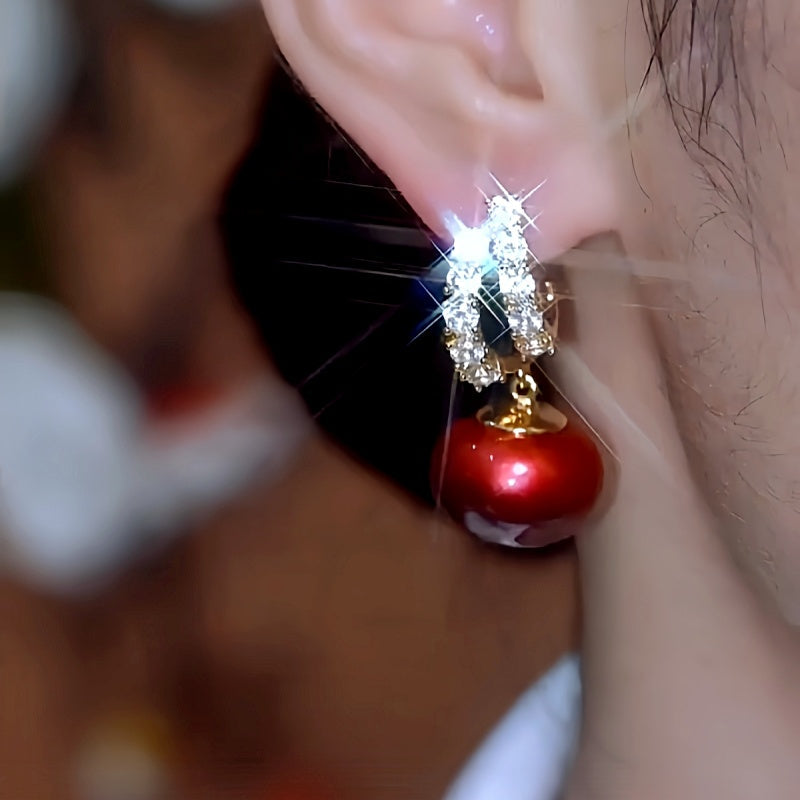 14K Gold-Plated Luxury Sparkling Red Pearl Earrings