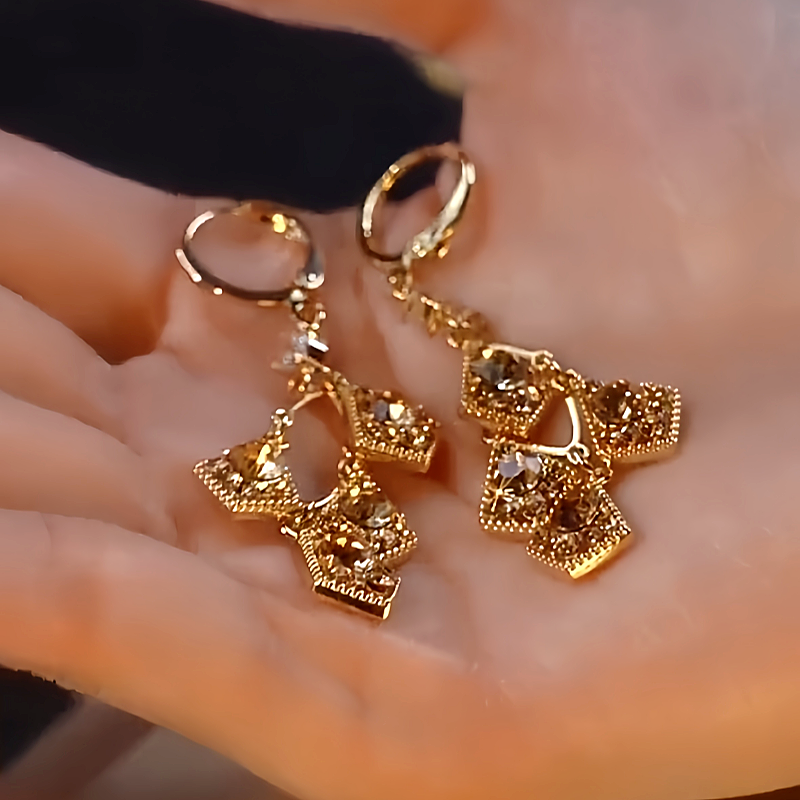 14K Gold-Plated Luxury Three-Dimensional Crystal Diamond Geometric Earrings