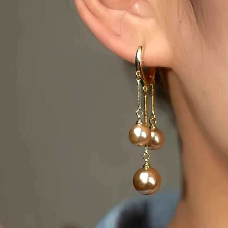 14K Gold-Plated Luxury Three Champagne Gold Pearl Tassel Earrings