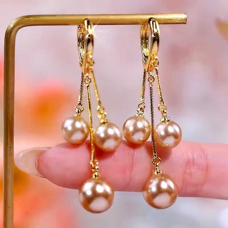 14K Gold-Plated Luxury Three Champagne Gold Pearl Tassel Earrings