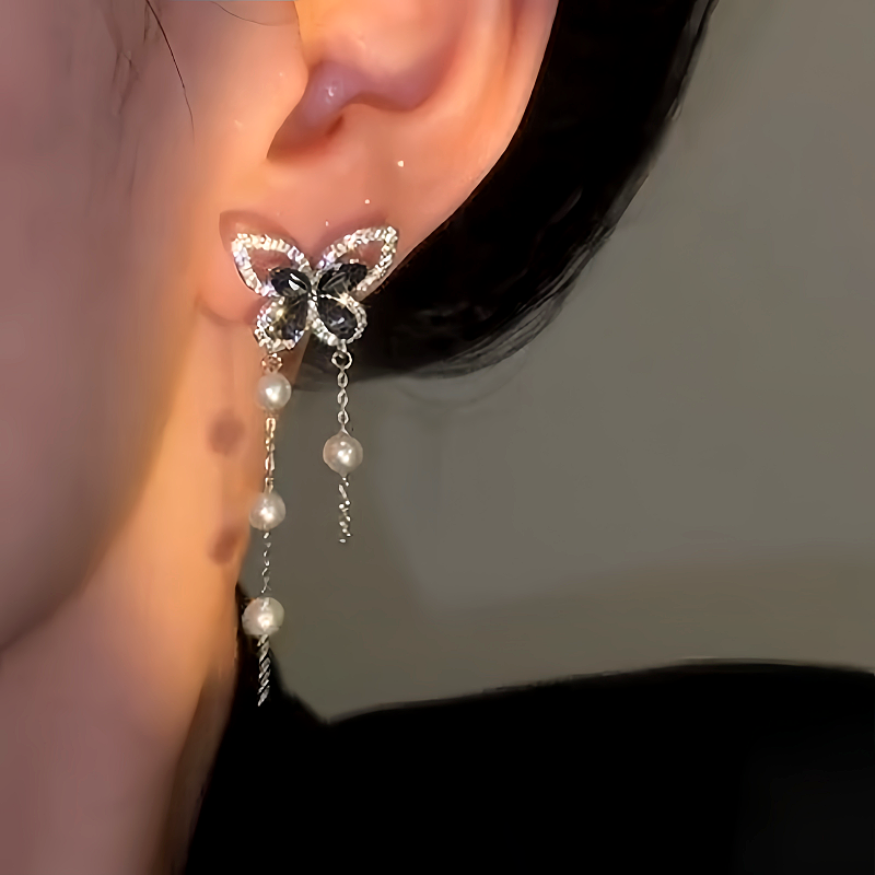 14K Gold-Plated Luxury Zircon Black Diamond Butterfly Pearl Tassel Earrings