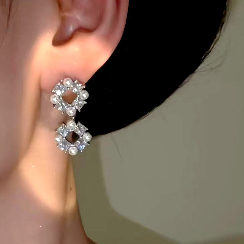 14K Gold-Plated Luxury Zircon Cube Pearl Earrings