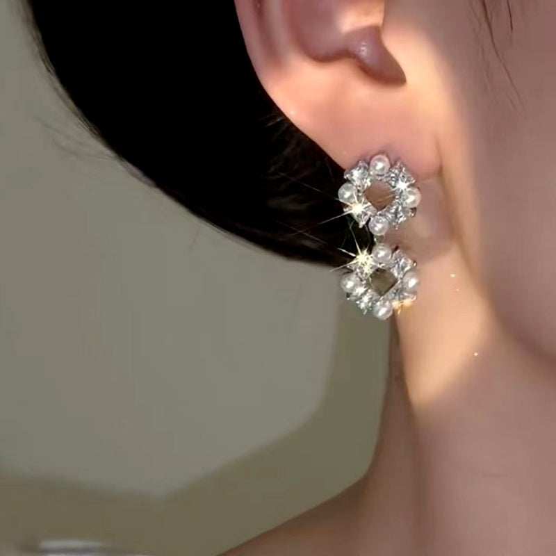 14K Gold-Plated Luxury Zircon Cube Pearl Earrings
