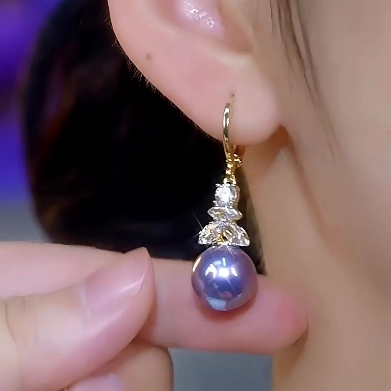 14K Gold-Plated Luxury Zircon Diamond Purple Pearl Earrings