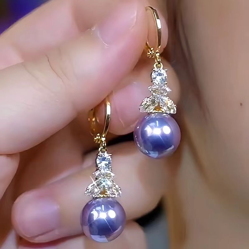 14K Gold-Plated Luxury Zircon Diamond Purple Pearl Earrings