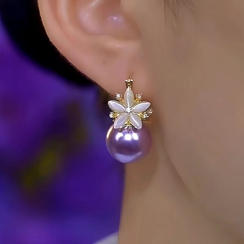 14K Gold-Plated Luxury Zircon Double-Sided Flower Purple Pearl Earrings