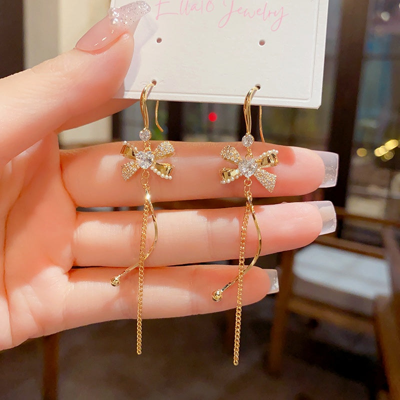 14K Gold-Plated Luxury Zircon Heart Bow Tassel Ear Hook Earrings