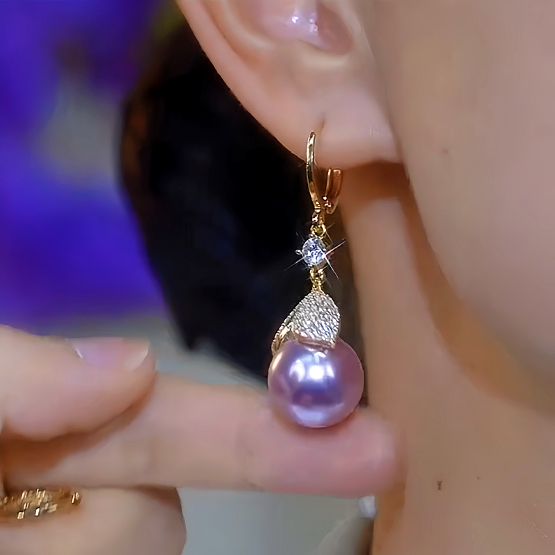 14K Gold-Plated Luxury Zircon Inlaid Pearl Leaf Earrings