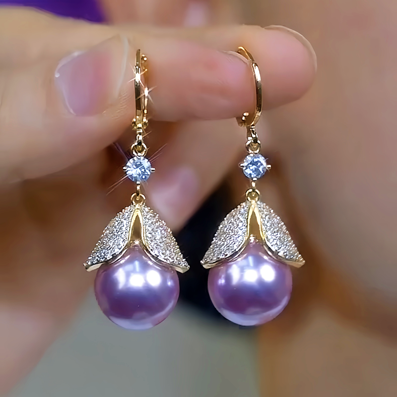 14K Gold-Plated Luxury Zircon Inlaid Pearl Leaf Earrings