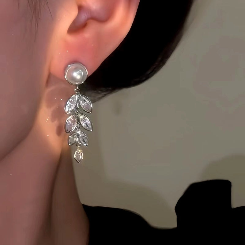 14K Gold-Plated Luxury Zircon Leaf Tassel Earrings