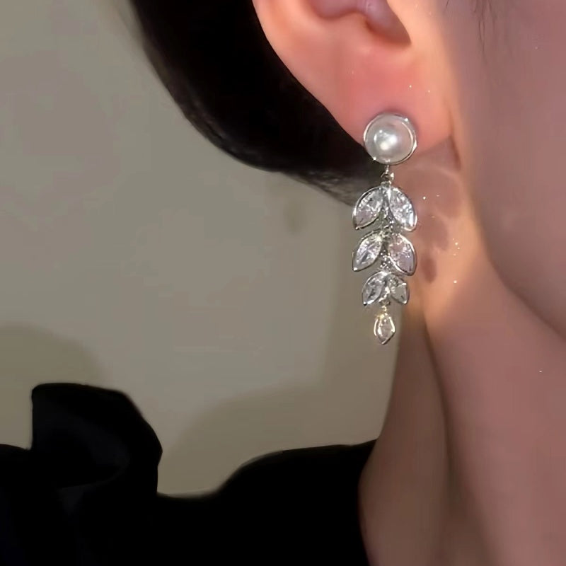 14K Gold-Plated Luxury Zircon Leaf Tassel Earrings