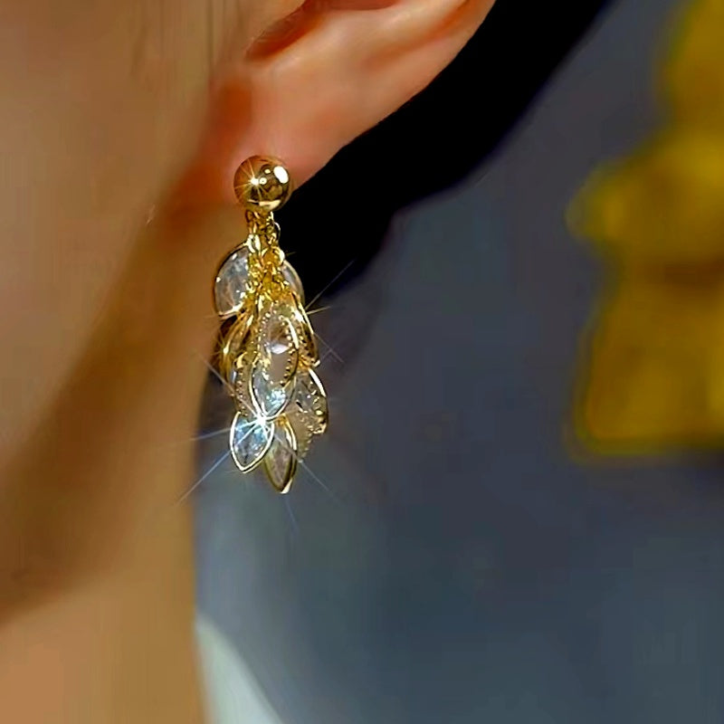 14K Gold-Plated Luxury Zircon Leaf Tassel Earrings
