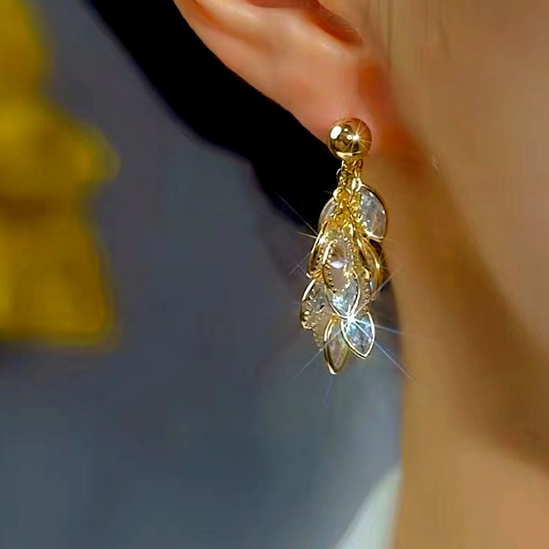 14K Gold-Plated Luxury Zircon Leaf Tassel Earrings