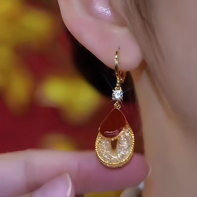 14K Gold-Plated Luxury Zircon Mesh And Red Oil Drop Earrings