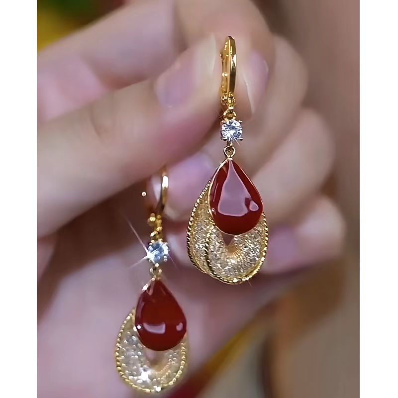 14K Gold-Plated Luxury Zircon Mesh And Red Oil Drop Earrings
