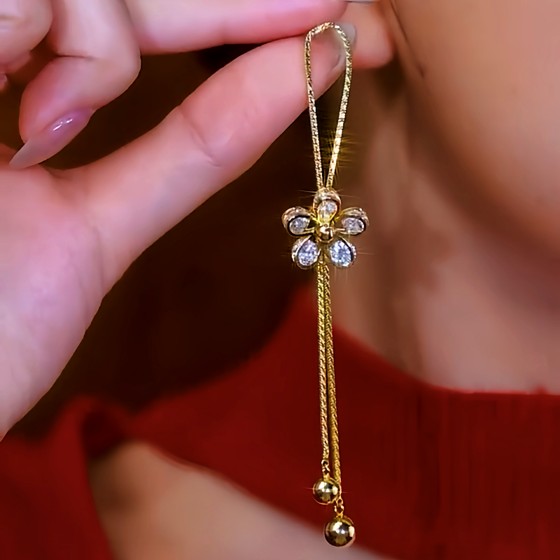 14K Gold-Plated Luxury Zircon Moving Adjustable Flower Tassel Earrings