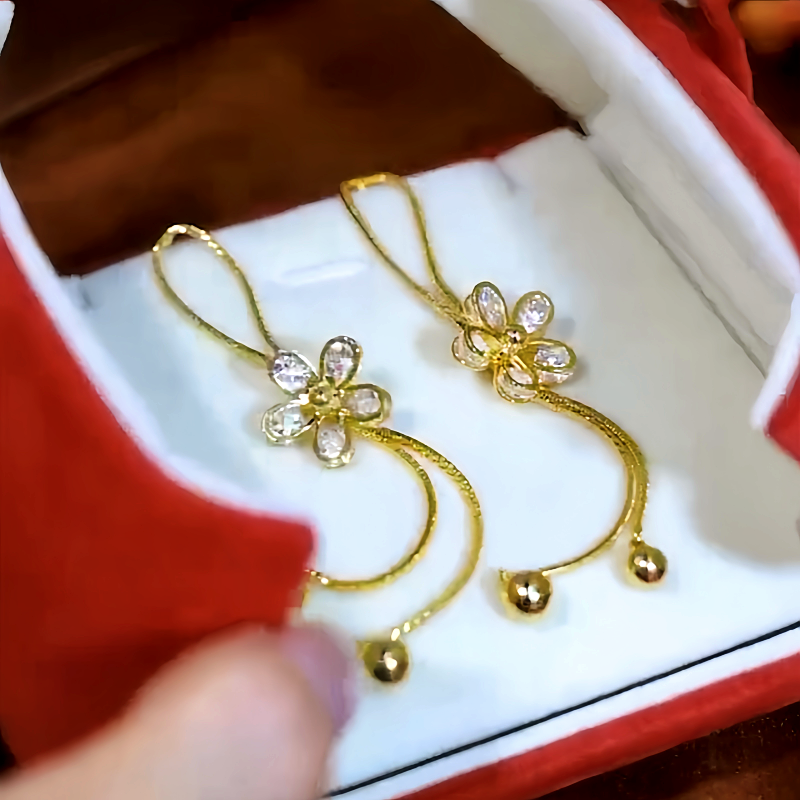 14K Gold-Plated Luxury Zircon Moving Adjustable Flower Tassel Earrings