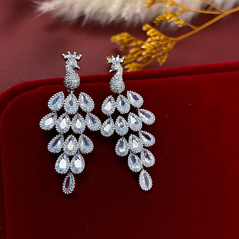 14K Gold-Plated Luxury Zircon Peacock Tassel Earrings