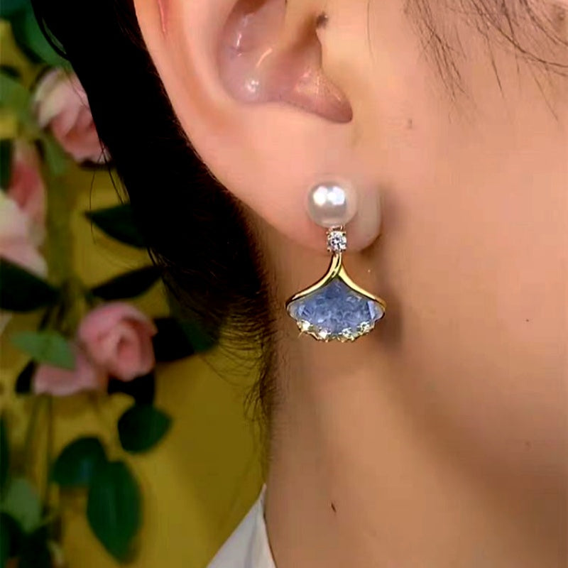 14K Gold-Plated Luxury Zircon Pearl Blue Crystal Leaf Earrings