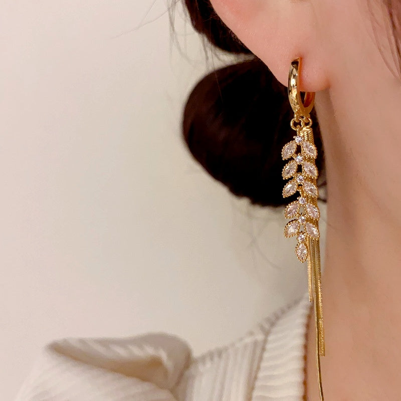 14K Gold-Plated Luxury Zircon Wheat Ear Buckle Earrings