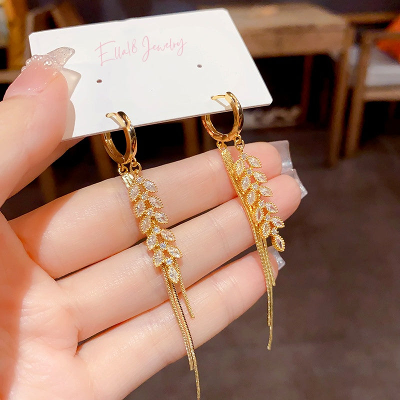 14K Gold-Plated Luxury Zircon Wheat Ear Buckle Earrings