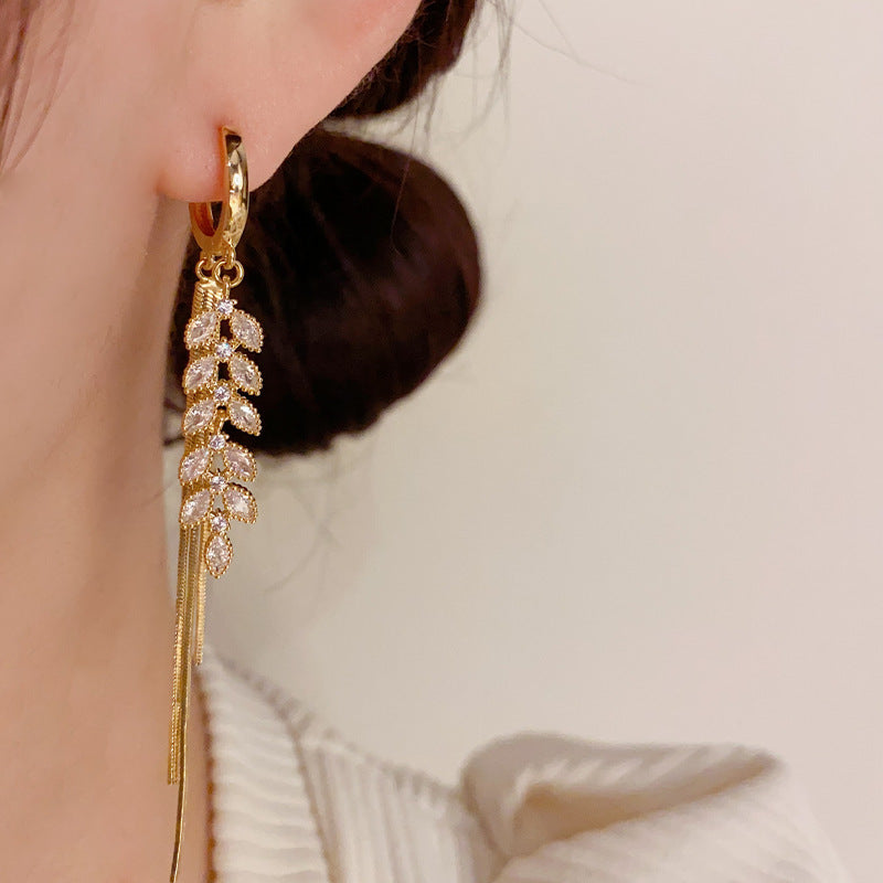 14K Gold-Plated Luxury Zircon Wheat Ear Buckle Earrings