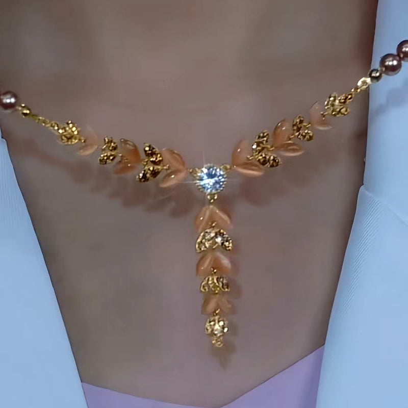 14K Gold-Plated Luxury Zircon Wheat Tassel Necklace