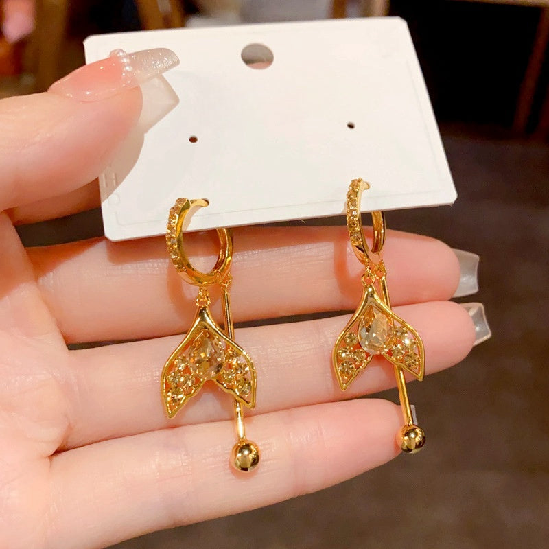 14K Gold-Plated Maillard Coffee Color Diamond Fishtail Tassel Earrings