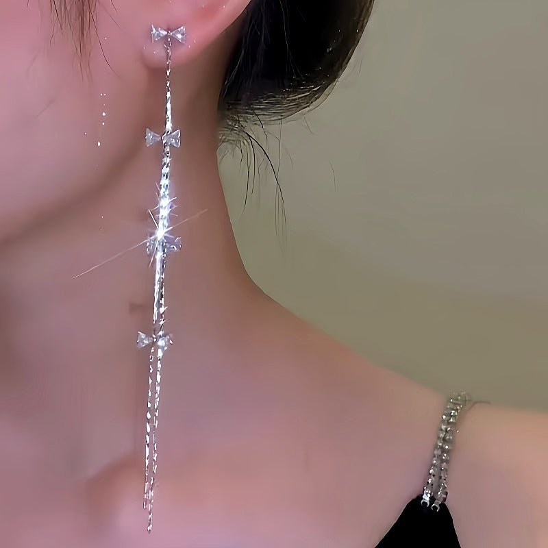 14K Gold-Plated Micro-Diamond Bow Long Tassel Earrings