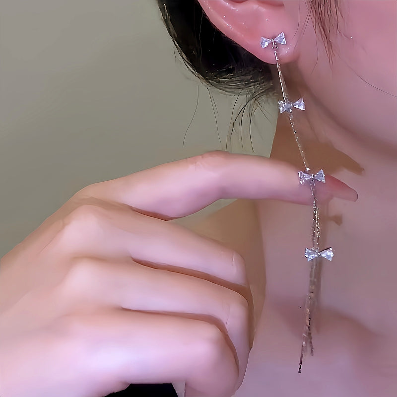 14K Gold-Plated Micro-Diamond Bow Long Tassel Earrings