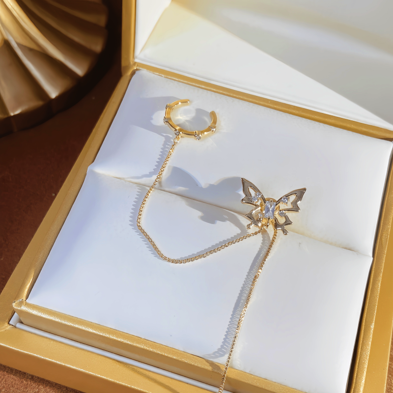 14K Gold-Plated Micro-Diamond Butterfly Ear Clip Earrings (1 PCS )