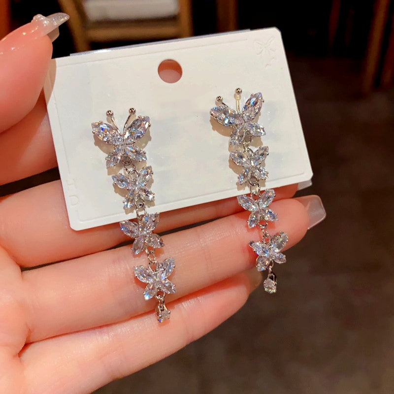 14K Gold-Plated Micro-Diamond Butterfly Tassel Earrings