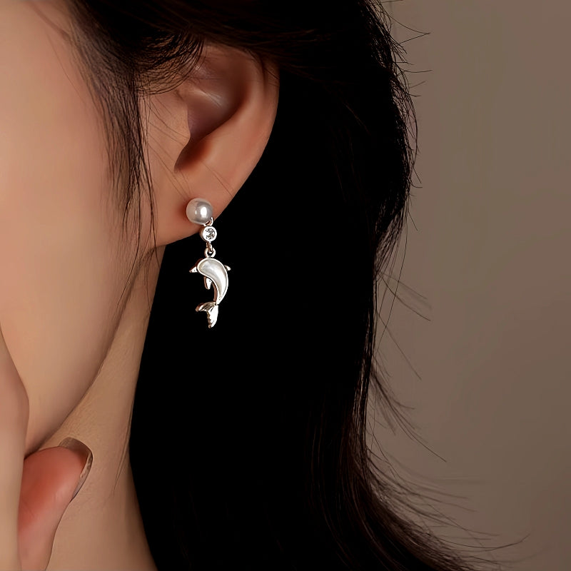 14K Gold-Plated Moonstone Dolphin Pearl Earrings And Necklace Set