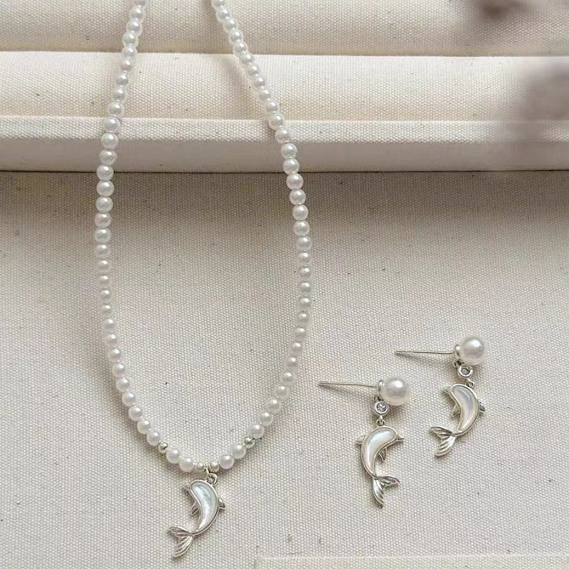 14K Gold-Plated Moonstone Dolphin Pearl Earrings And Necklace Set