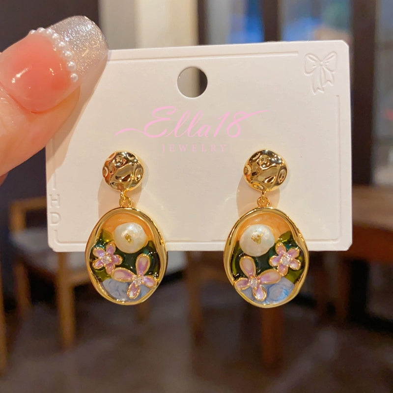 14K Gold-Plated Oil-Dripping Freshwater Pearl Flower Oval Earrings