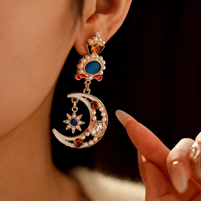 14K Gold-Plated Oil-Drop Diamond Moon Star Flower Pearl Earrings